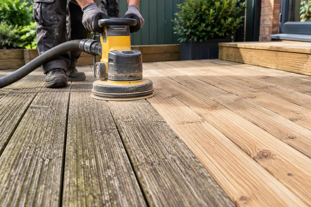 Weathered timber decking being sanded and prepared for refinishing