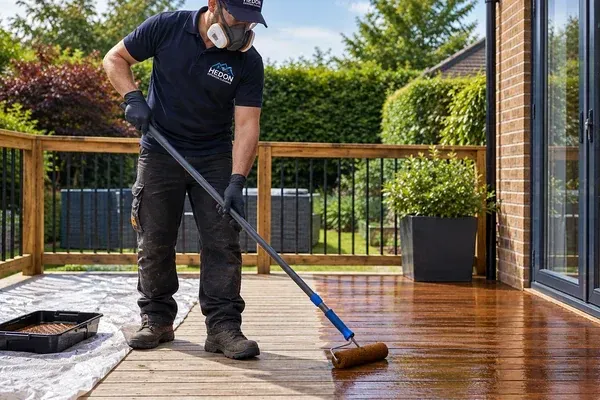 Hedon Exterior Cleaning operative wearing PPE and RPE while applying stain to timber decking