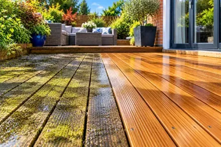Before and after timber decking cleaning and restoration