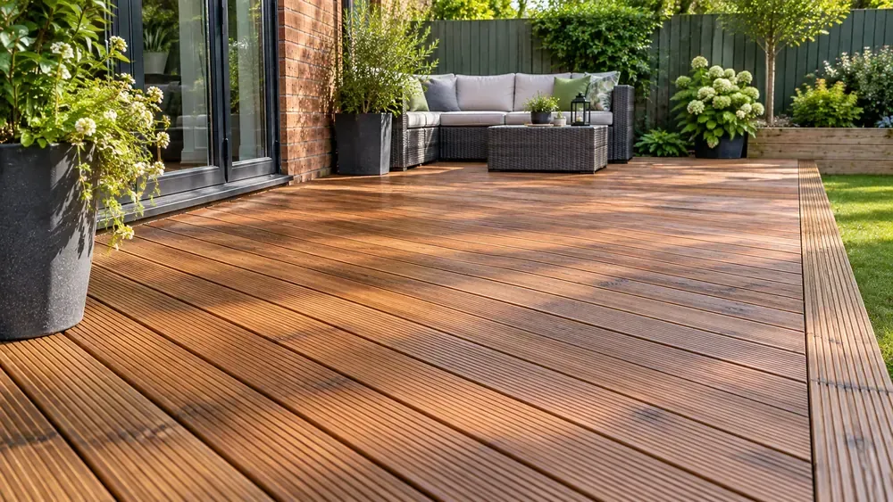 Freshly restored timber decking after professional refinishing and oil treatment
