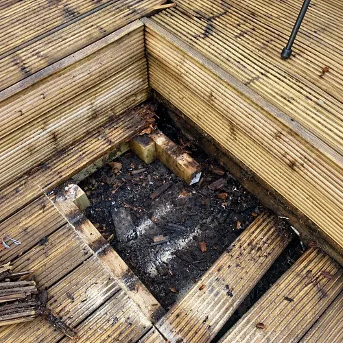 Damaged timber decking in Beverley during repairs to reinforce the supporting base