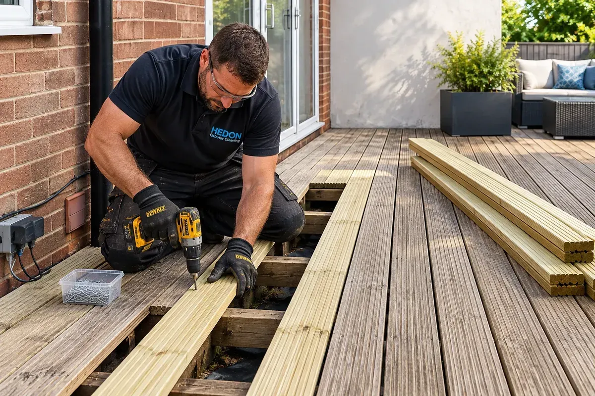 Replacing damaged timber decking boards during a professional deck repair