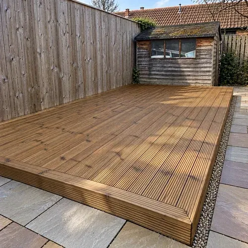 Freshly resorted decking refinished in a clear decking oil.