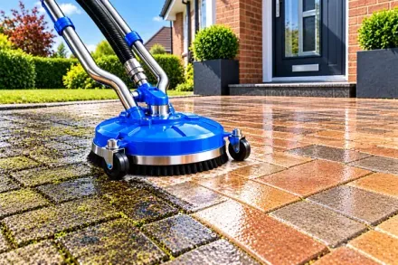 Professional pressure washing of a block paved driveway.