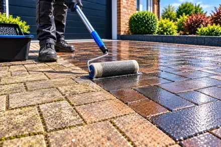 Protective sealer being applied to block paving with a roller