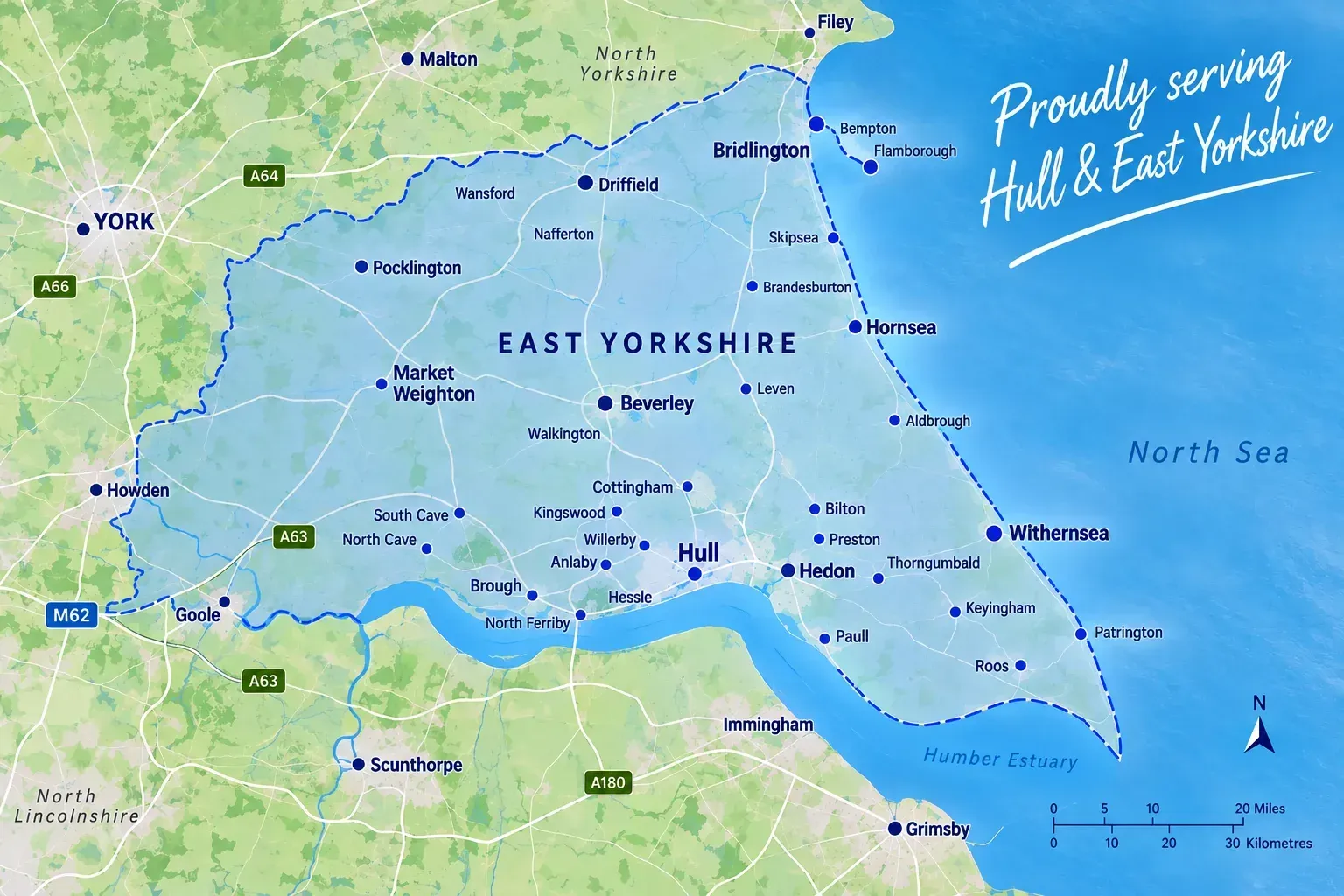 Map showing Hedon Exterior Cleaning service area covering Hull and East Yorkshire towns and villages
