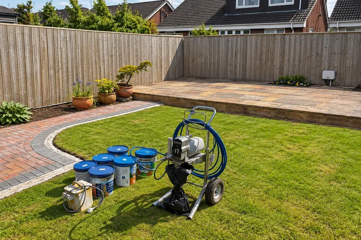 Airless paint sprayer and fence paint prepared for professional garden fence painting