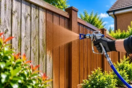 Timber garden fence being painted with an airless sprayer