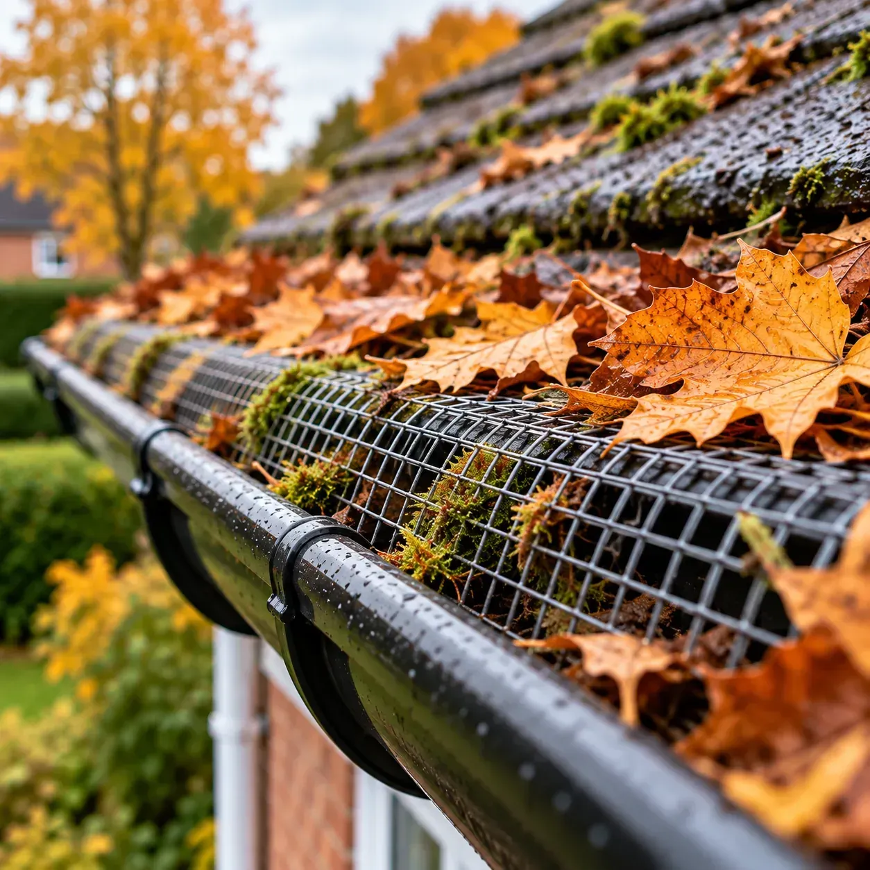 Gutter guard covered with autumn leaves and moss showing debris build-up