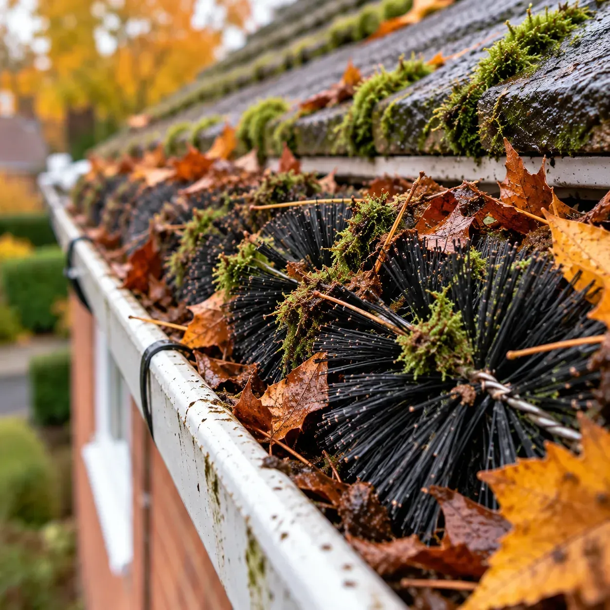 Gutter brush clogged with moss, leaves and debris inside a residential gutter