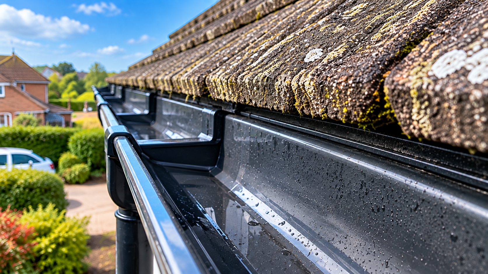 Clear gutter free from leaves moss and debris after professional gutter cleaning