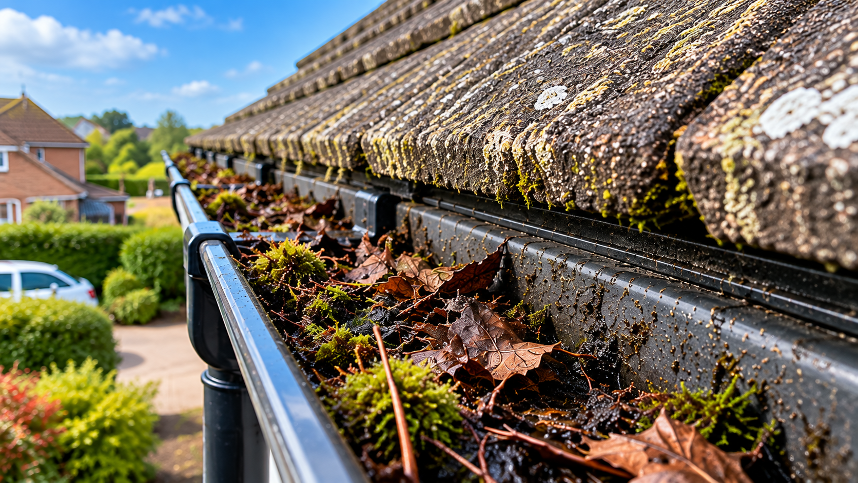 Blocked gutter filled with leaves moss and debris before gutter cleaning