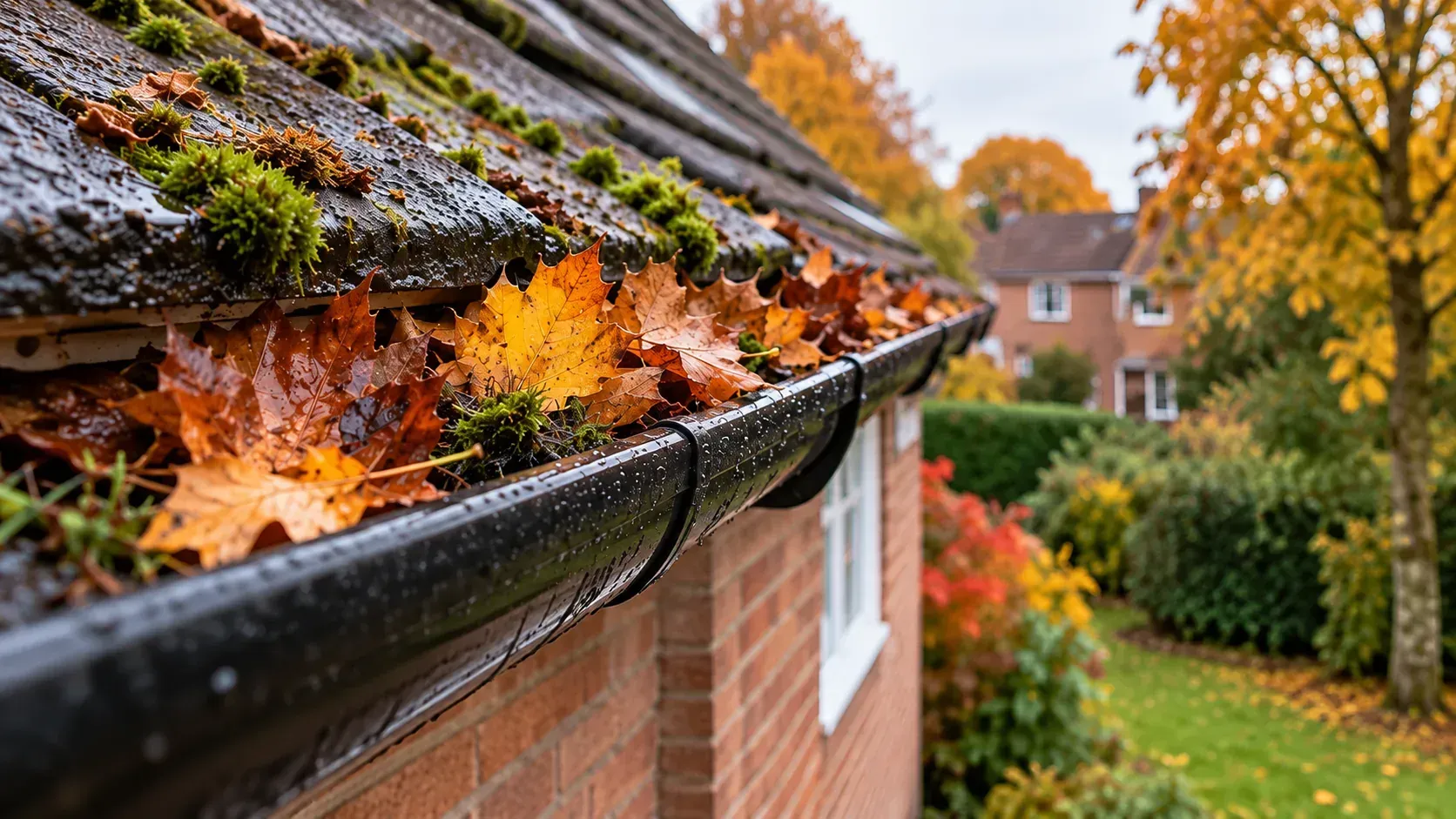 Blocked gutter filled with wet autumn leaves and moss on a residential property