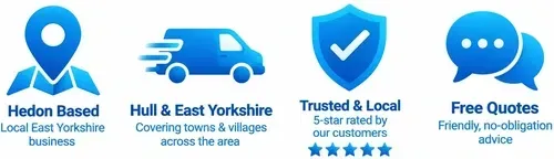 Trust icons for Hedon Exterior Cleaning, a Hedon-based pressure washing service covering Hull and East Yorkshire, with free quotes available.