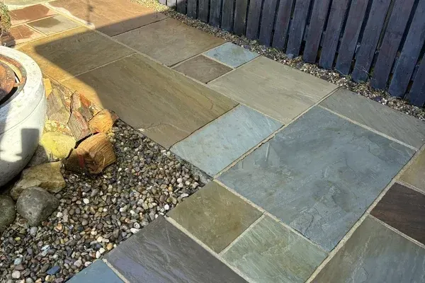 Clean Indian sandstone paving showing restored natural stone colours in Hedon