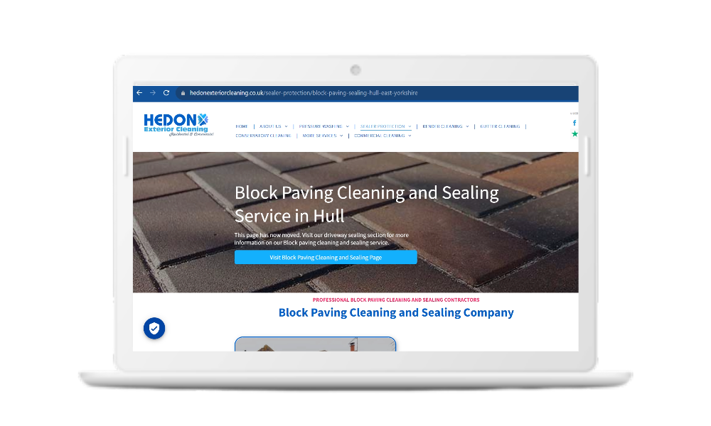 White laptop showing the benefits of block paving cleaning don by Hedon Exterior Cleaning Services 
