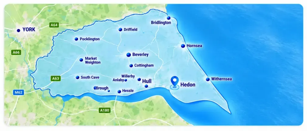 Map showing Hedon Exterior Cleaning service area covering Hull and East Yorkshire towns and villages