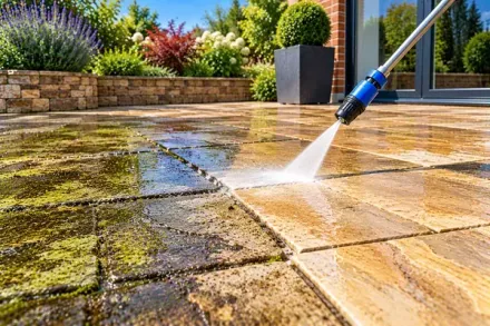 Pressure washing a heavily soiled natural stone patio