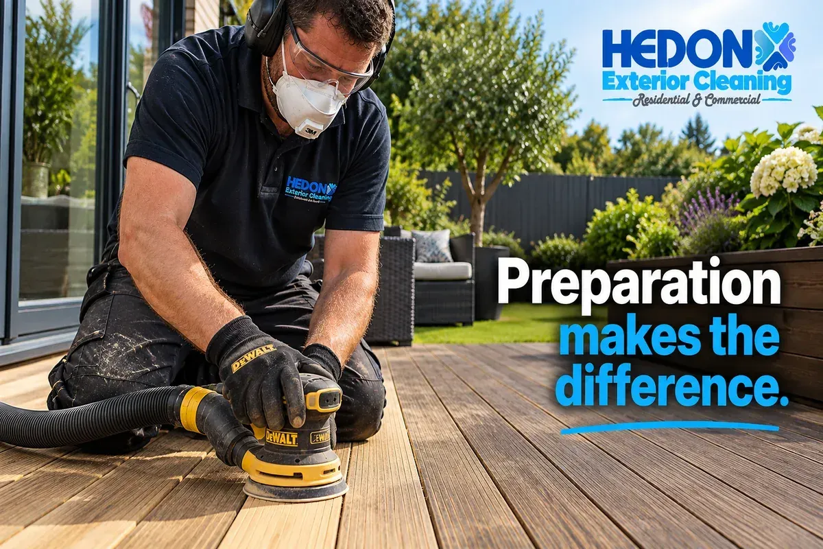 Decking preparation with orbital sander before restoration and refinishing
