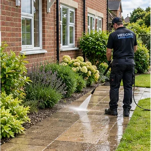 Professional pressure washing of an exterior paved area at a residential property