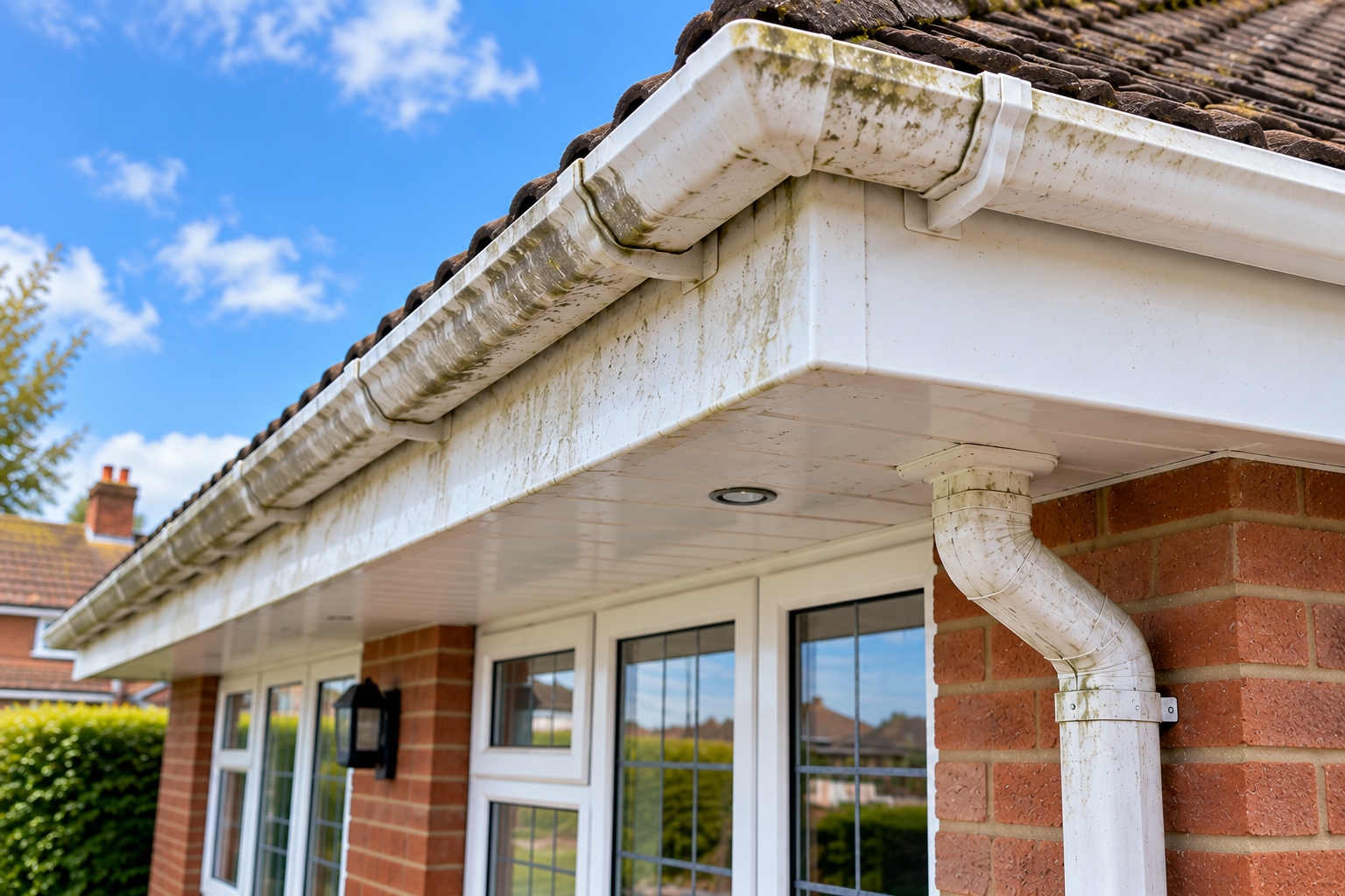 Dirty gutters fascia and soffits before professional roofline cleaning