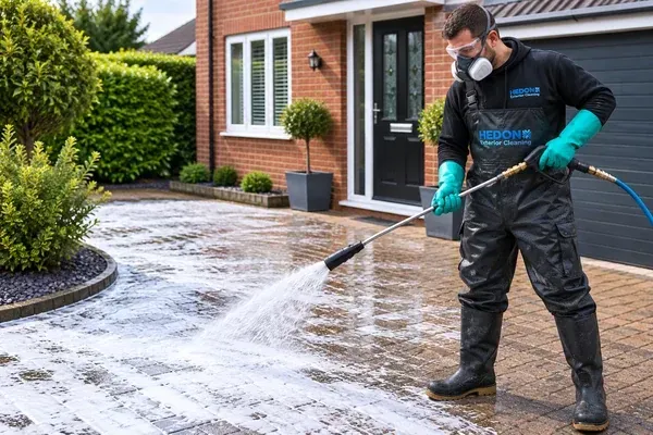 Hedon Exterior Cleaning operative wearing PPE and RPE while applying cleaning treatment to a block paved driveway