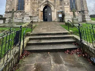 Slippery entrance steps at St Augustine's Church in Hedon before cleaning