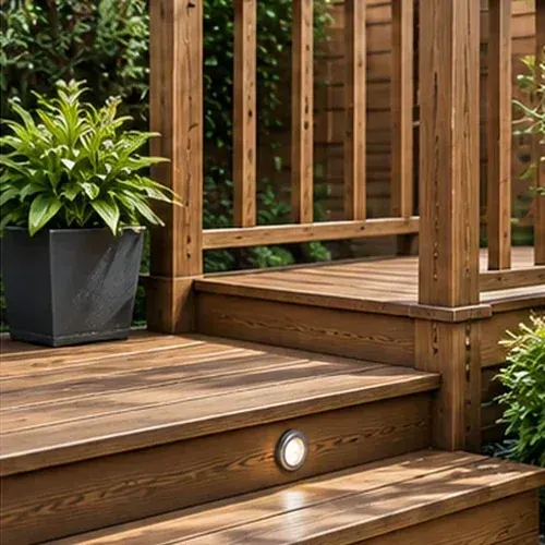 Timber decking steps and balustrades in a residential garden