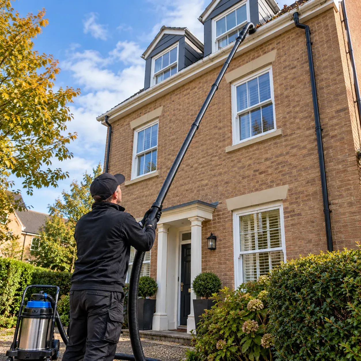 Professional gutter vacuum clearing gutters on a three-storey property from ground level