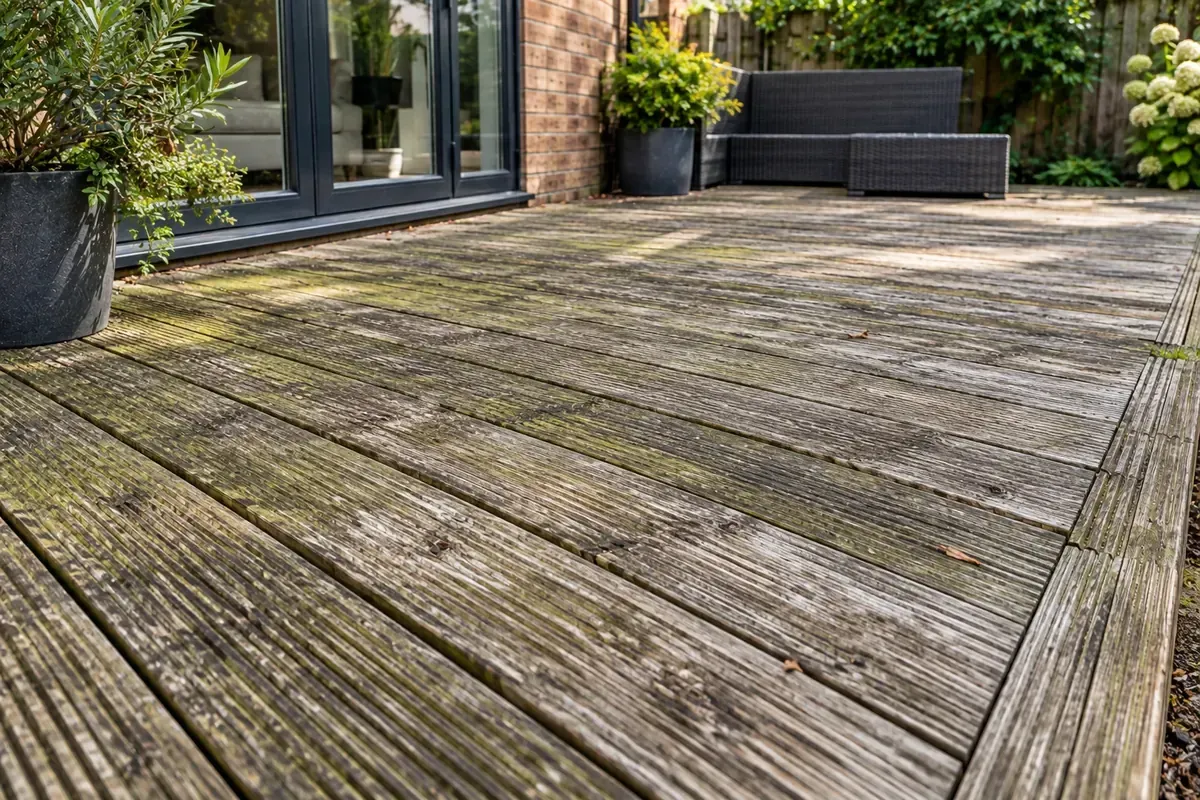 Weathered timber decking with algae and discolouration before refinishing