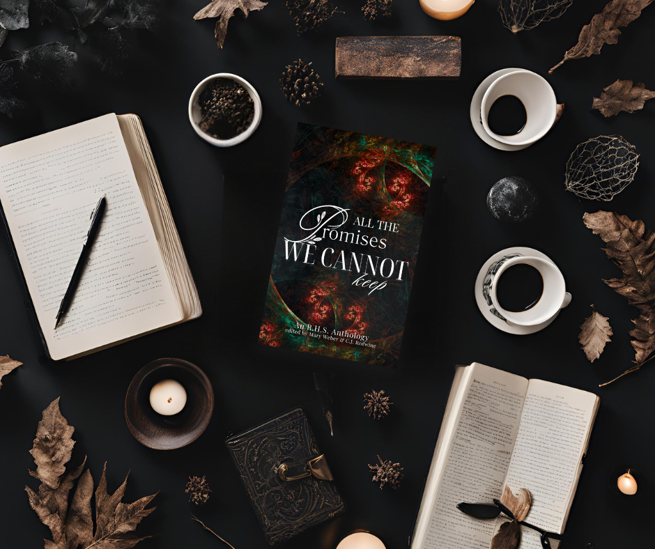 A book is surrounded by leaves and cups on a table.
