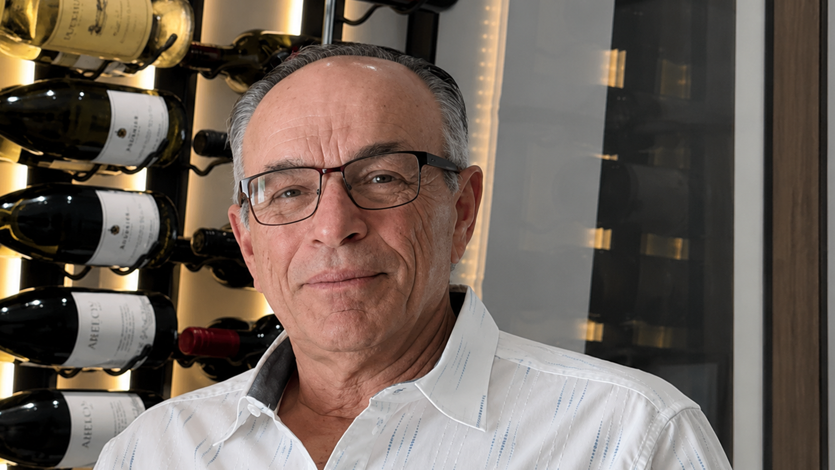 A person with glasses and a white button-down shirt stands in front of a wine rack.