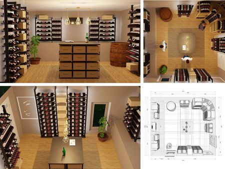 A composite view of a wine cellar layout, featuring multiple 3D perspectives.