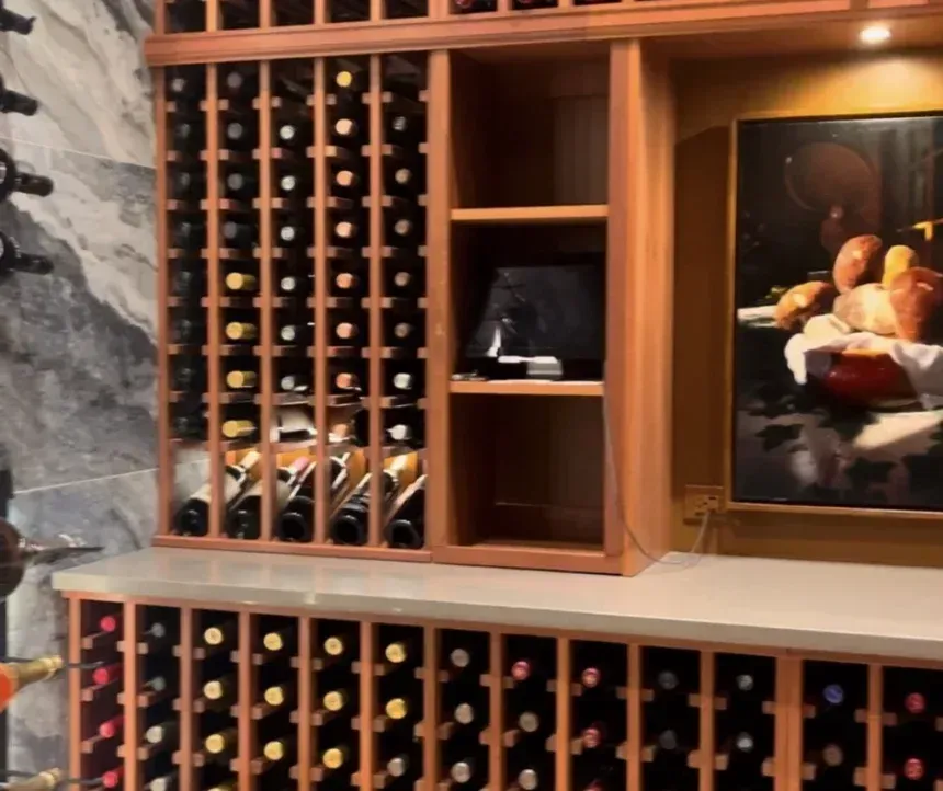 A wood wine rack with a countertop, filled with wine bottles, beside a framed painting on a grey marble wall.