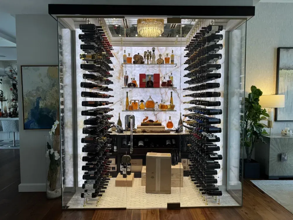A floor-to-ceiling glass wine cellar features wall-mounted racks, backlighting, and a central display shelf in a home.