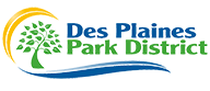 Logo for Des Plaines Park District: tree with green leaves, blue and yellow arcs, text.