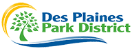 Des Plaines Park District logo with green tree, blue text, yellow arc and blue wave