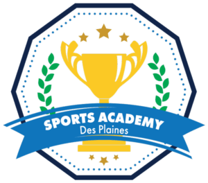 Sports Academy Des Plaines logo with gold trophy, laurel wreaths, and blue banner