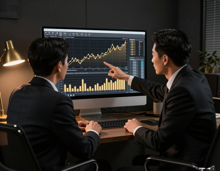 Sessão de mentoria analisando gráficos em um monitor