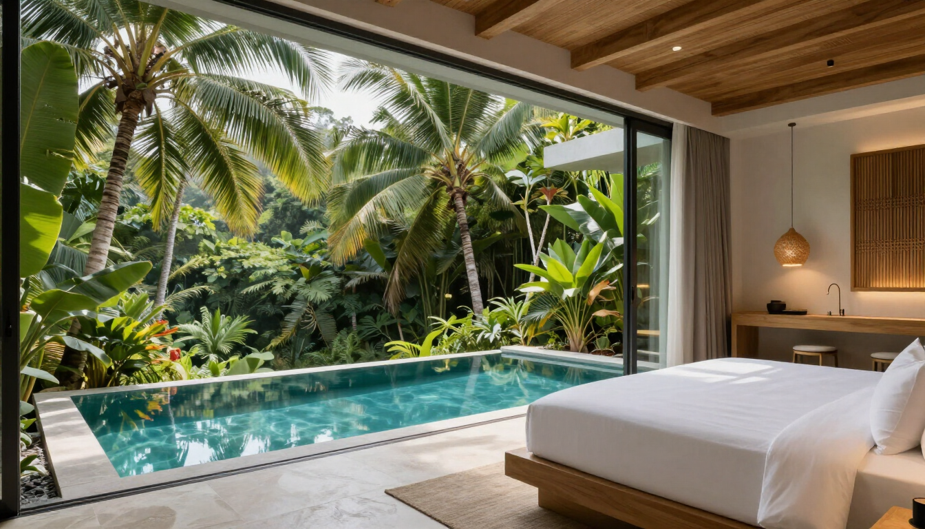 Habitación de lujo con vistas a la piscina, con acceso a un jardín tropical y palmeras.