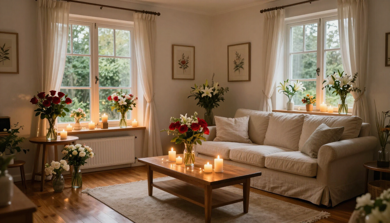 Acogedora sala de estar con flores, velas, un sofá beige y ventanas soleadas.