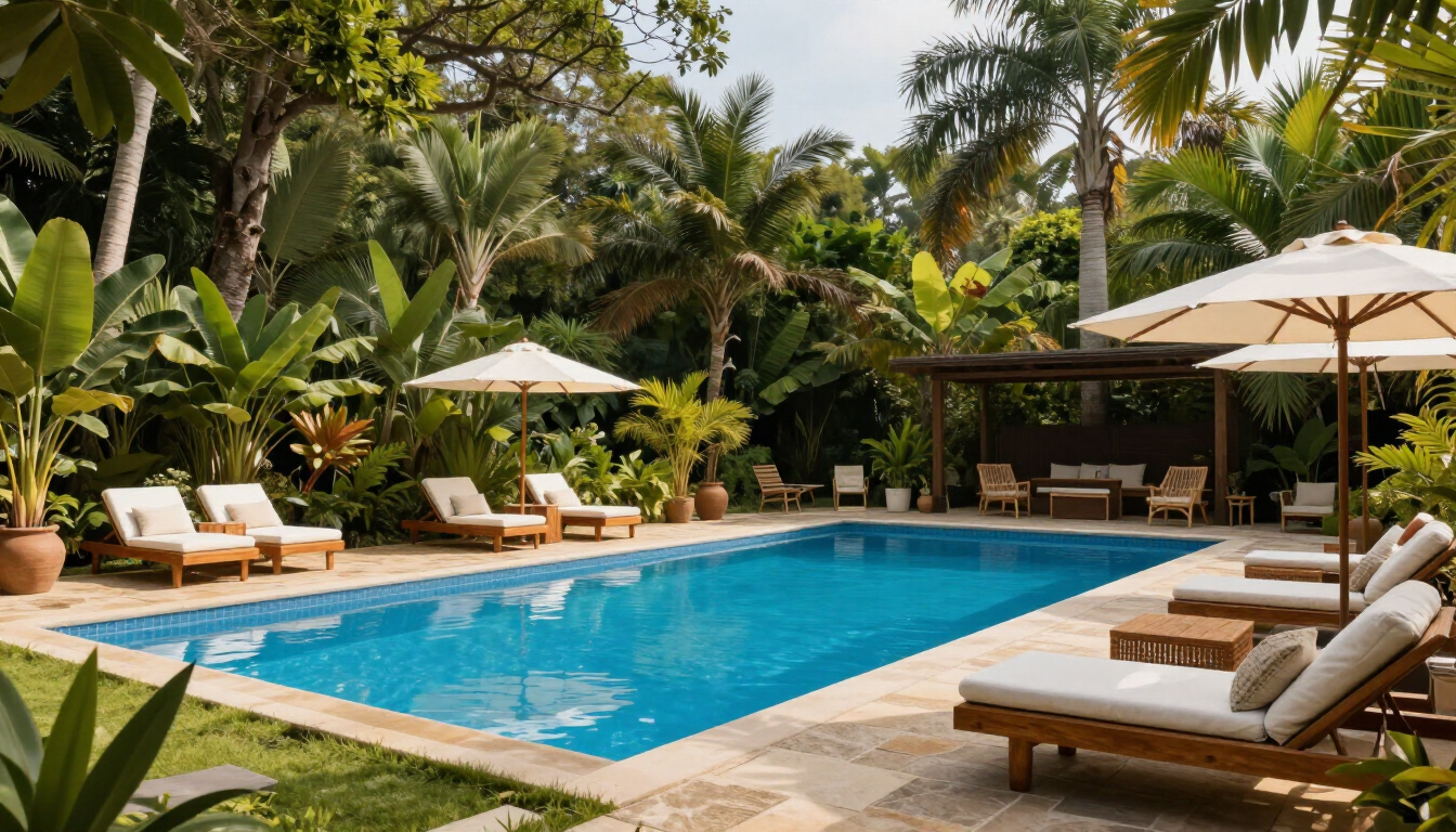 Piscina de estilo tropical con tumbonas, sombrillas blancas y exuberantes palmeras que rodean el agua azul.