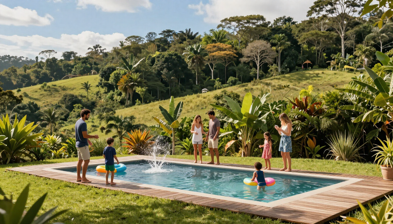 Gente relajándose y nadando en una pequeña piscina en medio de una exuberante vegetación tropical y colinas.