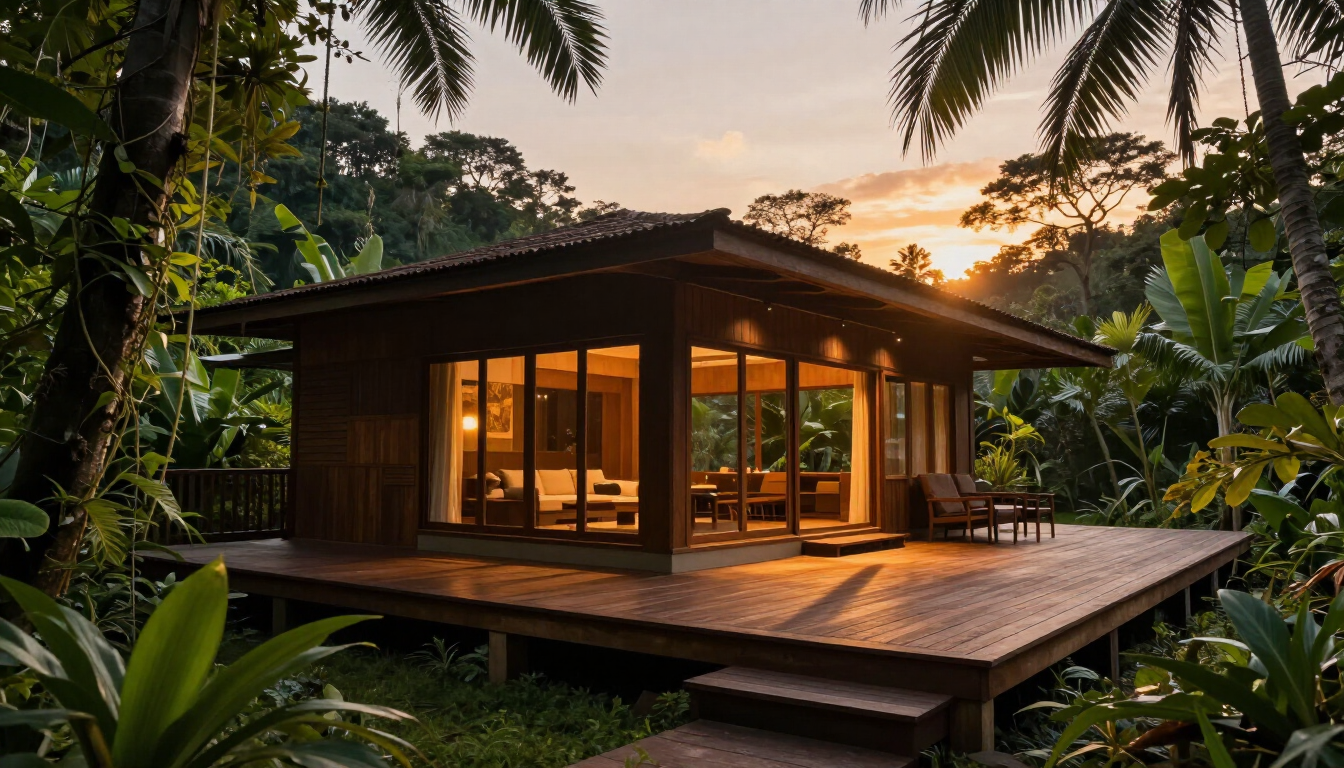 Cabaña tropical de madera con ventanas iluminadas en una terraza, rodeada de exuberante selva al atardecer.