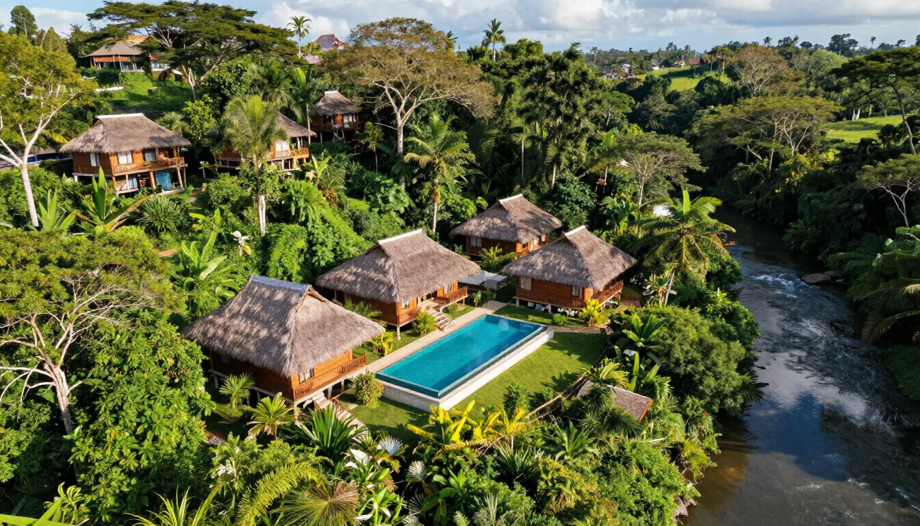 Vista aérea de villas de un complejo turístico tropical junto a una piscina turquesa y un río, rodeadas de una densa vegetación.