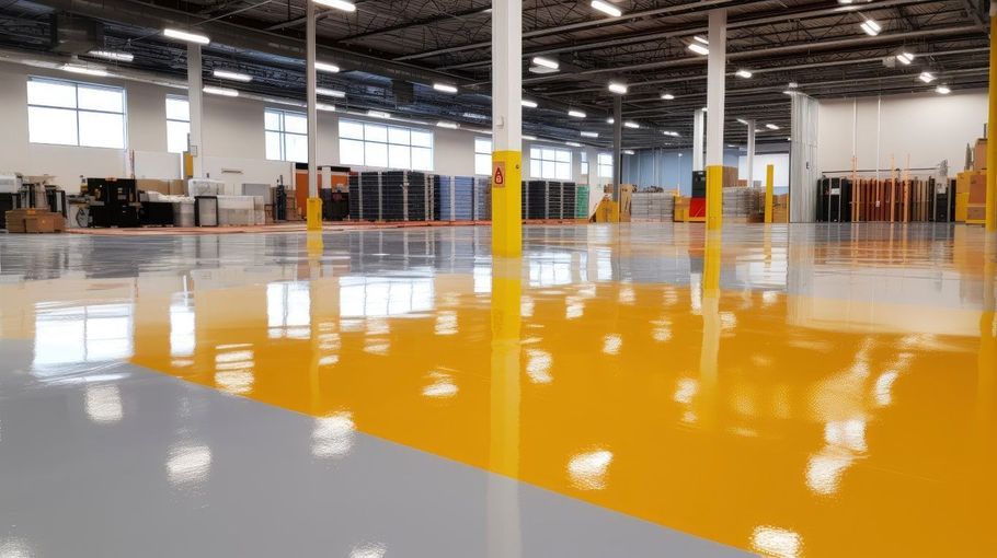 Empty warehouse with glossy gray floor and a large yellow epoxy-coated section reflected in overhead lights