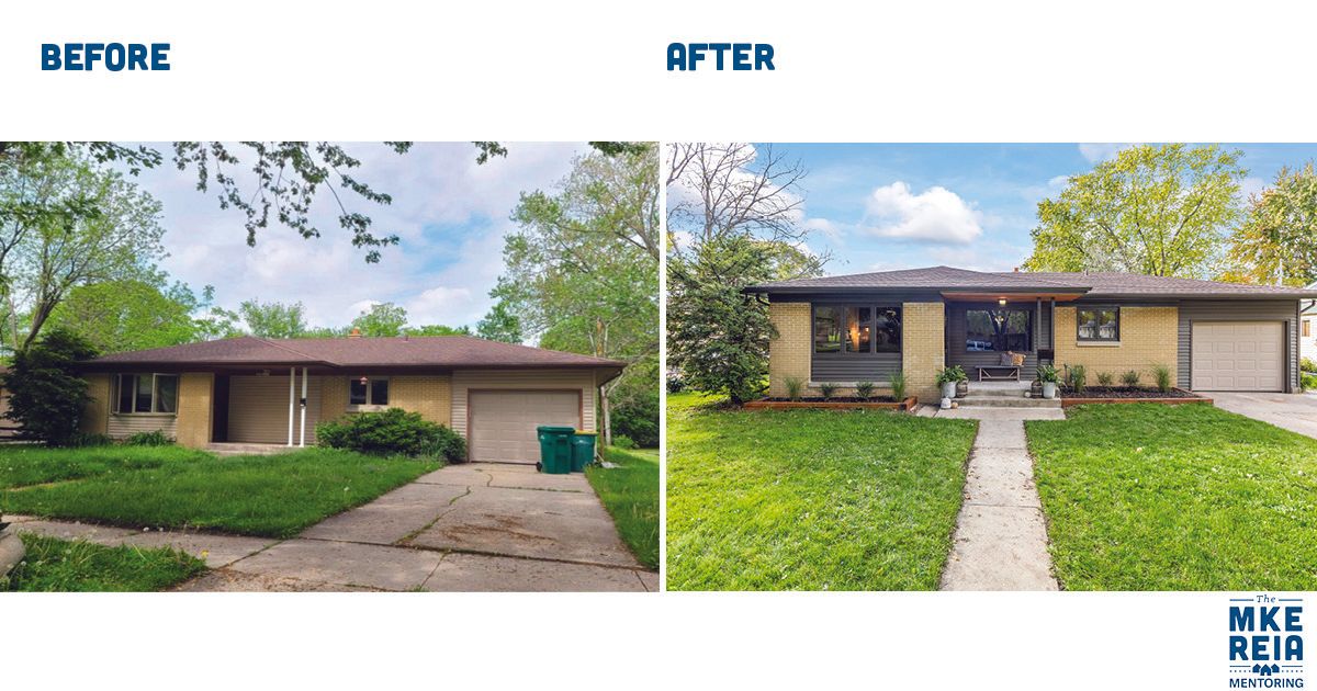 There is a before and after picture of a house.