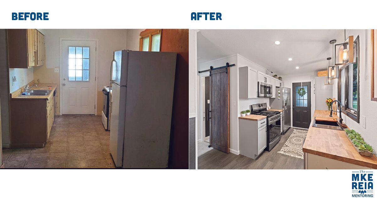 A before and after photo of a kitchen.