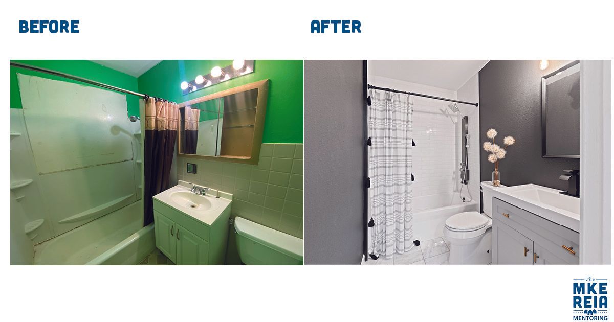 There is a before and after picture of a bathroom.