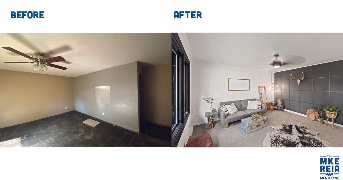 A before and after photo of a living room with a ceiling fan.